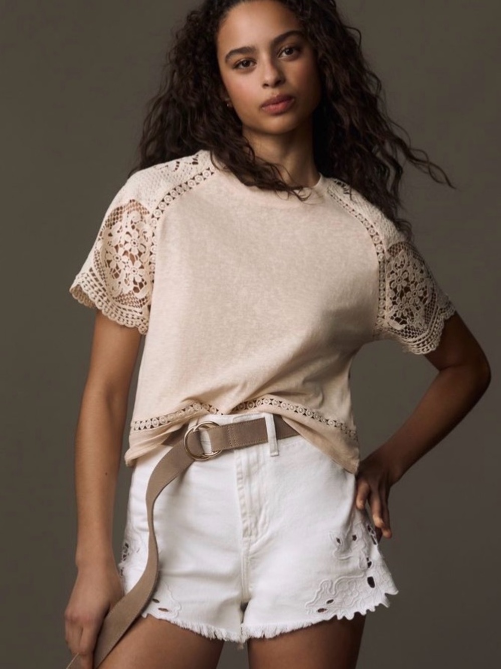 Anthropologie Blue Tassel Crochet-Sleeve Top